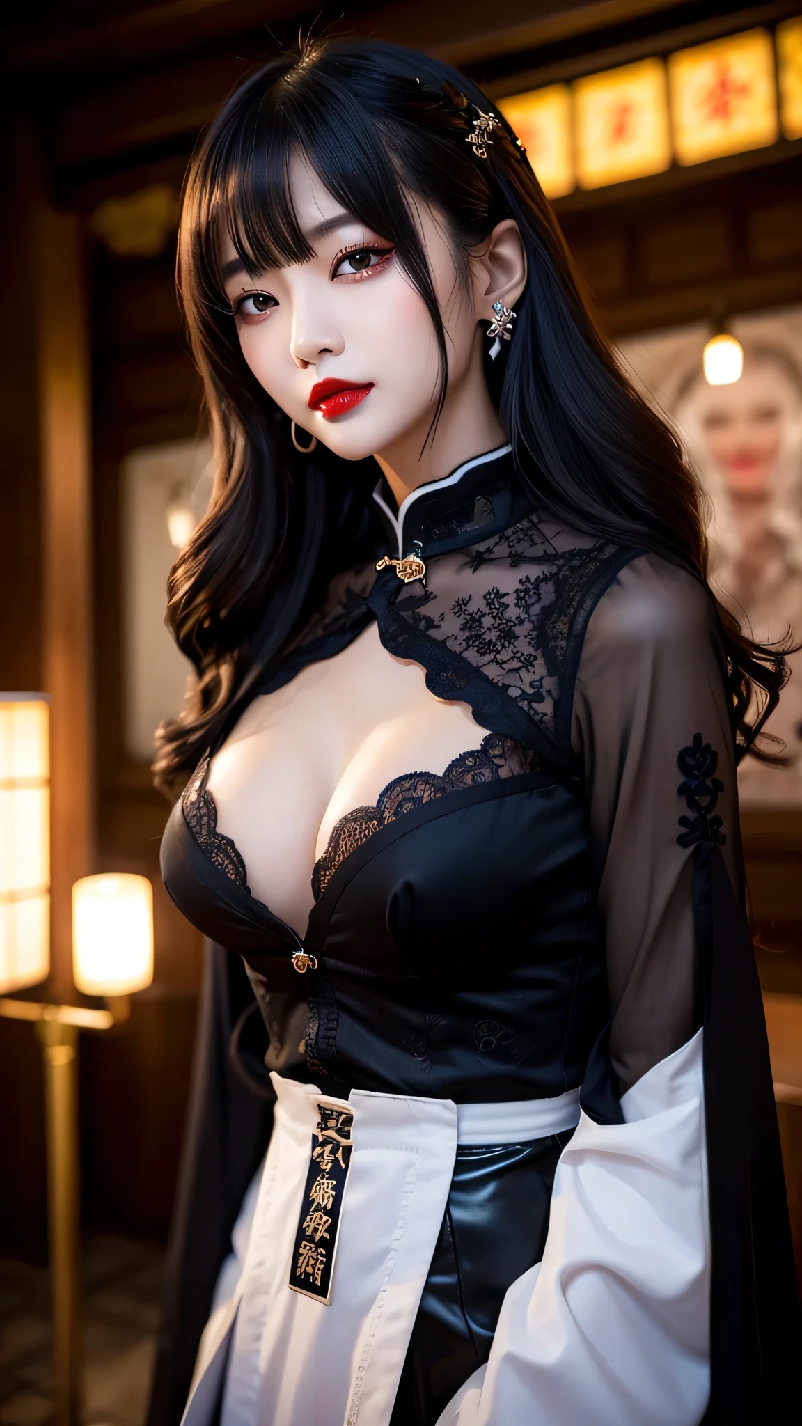 tra-detailed、Japanese、attractive beauty、seductive adult woman、pretty woman、piercing eyes、cool girl、wavy hair、swept bangs、Long Black Cheongsam、wide sleeves、Evil cadres、evil depravity、brainwash、mind control、lipstick、lip gloss、dark makeup、smirk、whisper in your ear、Evil expression、evil、hollow eyes,half-closed eyes、empty eyes、evil、church at night、vampire、succubus、vampire、Swear allegiance、sexy pose、hair ornaments、