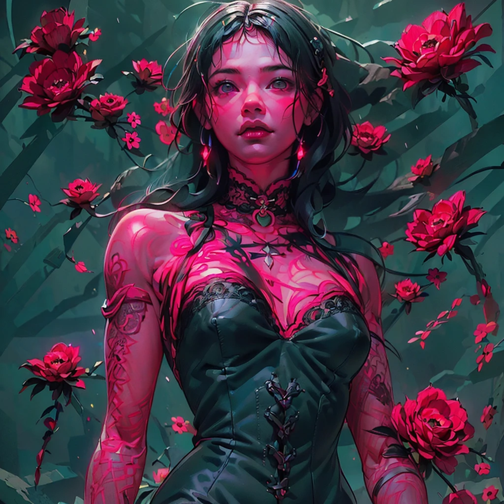 (((Create one girl 16+ years old.), (realistic), (close-up), (stands all tall)), ((Dark and mysterious), (Night, rain blood, gothic anime girl)))_(( (Gothic unusual masterpiece of art)),((ominous clouds, hauntingly beautiful, ethereal moonlight, eerie shadows))_((Beautiful figure, half-turn 16+ years),(realistic)),((small peach breasts, graceful figure, narrow waist, smooth hips)),((long double braids),(tight braids), (braided hair),(dark hair)),((red lips)), ((smile)))_ ((((Shiny skin:1.5, white skin, light skin: 1.5)),((sexy),(erotic),(cute),(nsfw)))_(((Bare shoulders, black lace dress)),(((black chiffon dress, very short dress, tight-fitting), (black), (transparent lace dress)),((stands almost completely naked, tattoos)))_(((Arms in elbow pads, palms in tactical gloves),(bare thighs, stomach )),((legs in combat knee pads, thigh-high stockings)), ((chunky leather lace-up boots)))_(((Impressive artistry, exquisite detail, dramatic lighting, vibrant red hues, stunning red and black flowers), ( ominous flowers, strange symbols, surreal elements))_((Strong contrasts, eerie, artistic masterpiece, detailed textures, dark color palette, foreboding horror)))_(((Digital painting, anime style, cyberpunk), (best quality ,4k, high resolution, masterpiece: 1.2)),((ultra detail)),((realistic, photorealistic, photorealistic: 1.37)))_(((Soft clear shapes, broad strokes, attention to detail)))_( ((High quality, 16K | Ultra HD | Full HD))).