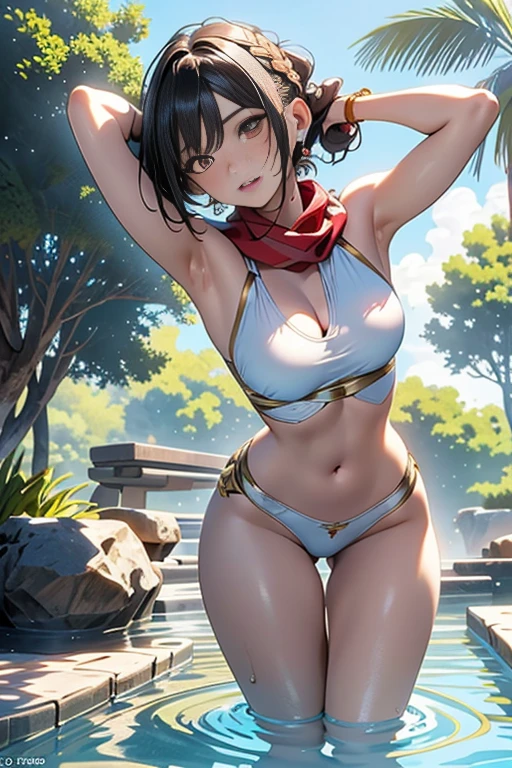 22 years old, (milf:0.8), (solo:1.5), (sfw:1.25), cute breast, beautiful breasts, medium tits, thin waist, big ass:1.0, Raised sexy, (dark mahogany medium short hair, updo, hair band, red eyes, light smile, big , Revimpling fabric, earrings, Hand gloves, detailed face,(smoking:1.3),brunette hair,detailed and beautiful eyes,beautiful detailed lips,Rolling her eyes,manner,hair over one eye, asymmetric hair, Carly hair, low tied braids),(musulman, white Headscarfs, hair bands, head vandage, Turban), (ultra high resolution, 8K RAW photo, photo realistics, thin outline:1.3, clear focus), best qualtiy, natural lighting, textile shading, blurry back ground, field depth, bokeh, (Bright pupils, fine detailed beautiful eyes with highlight:1.3, high detailed face), Red lip, fine realistic skins:1.1, looking down viewers:1.3, (dynamic angle:1.3, front view:1.1, breast focus:1.3, from below:1.2), (dynamic posing:1.5, sexy posing:1.2, leaning forward),Youghal, side lock, hair ornaments, hair band,nice,garden background,artistic rendering,Super detailed,(highest quality,4k,8K,High resolution,masterpiece:1.2),Bright colors,studio lighting ,in usa military base,
