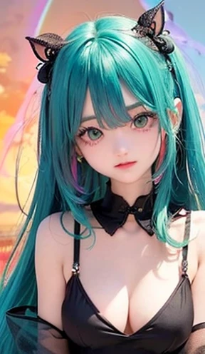 small face、Big chest、 (alone:1.5,)Super detailed,bright colors, very beautiful detailed anime face and eyes, look straight,  shiny_skin,girl, (((rainbow colored hair, colorful hair, Half red、Half emerald green hair: 1.2))), 、shiny hair, delicate beautiful face, blush、Glasses、(turquoise eyes), , Valletta, earrings,、flower garden、sunset、(（(black color、See-through、sexy、Sailor Leotard、Lace mini skirt,Translucent shirt)))、（twin tails）、smile、happy face、face dyed red、cheerful pose、dynamic、