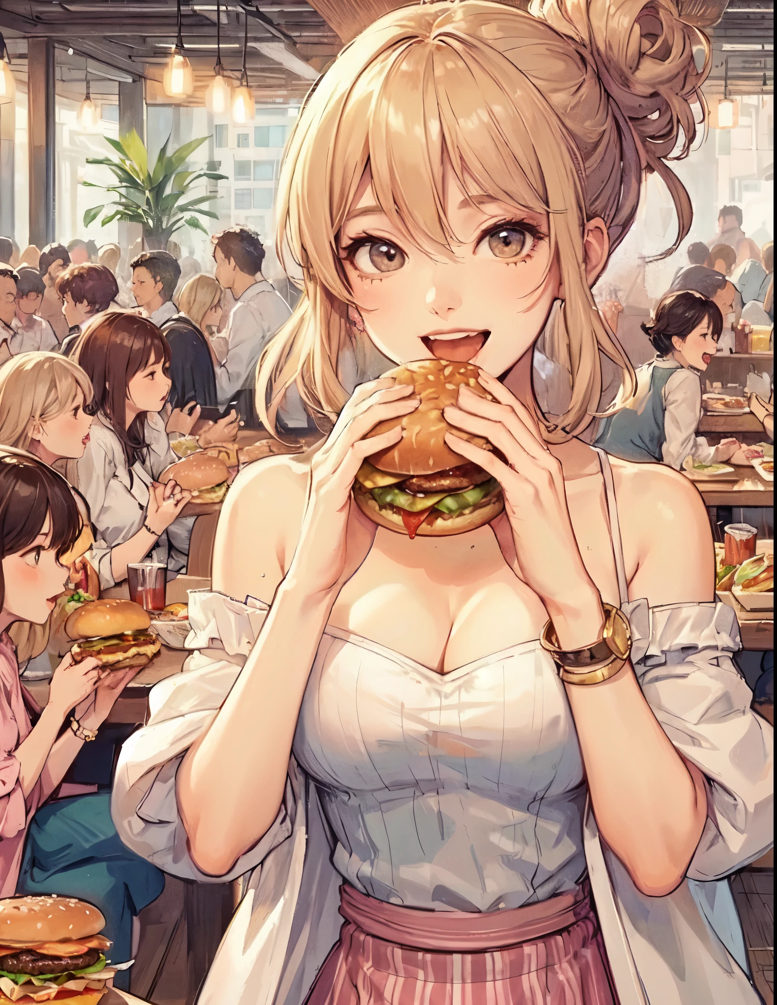 1lady solo, sitting at table, (holding hamburger) in both hands, taking a big bite, stylish outfit, mature female, /(beige blond hair/) bangs, happy smile, (open mouth) big, (teeth:0.8), (masterpiece best quality:1.2) delicate illustration ultra-detailed, large breasts BREAK (big hamburger) BREAK (casual restaurant) indoors, fast food, crowded, detailed background