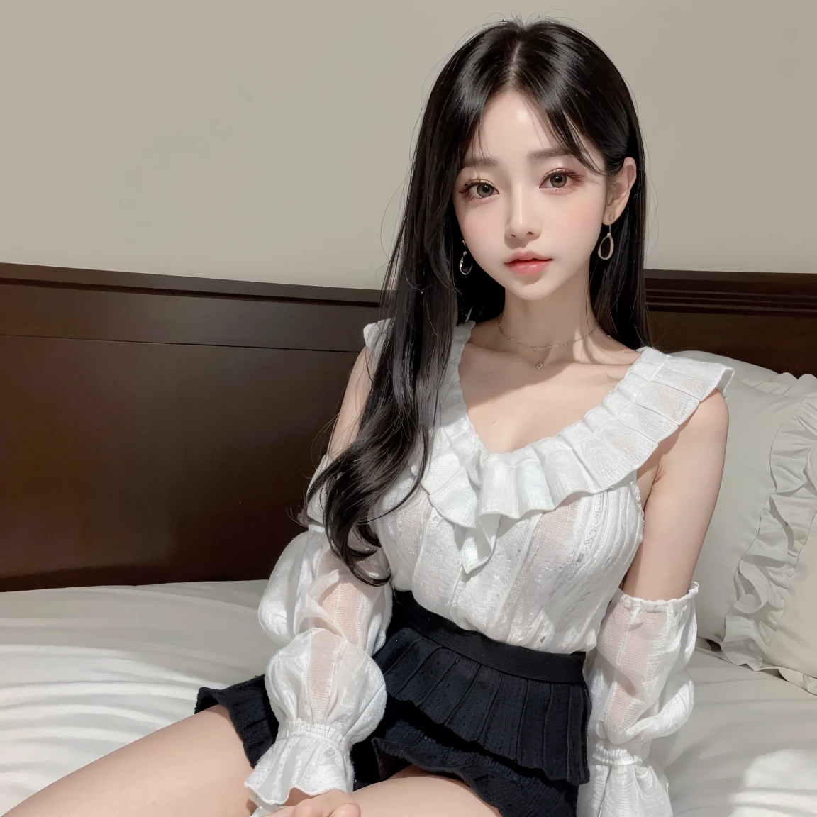 mix 4, (8K, Raw photo, best image quality, masterpiece: 1.45), (genuine, photogenuineistic、photogenuineistic:1.37、1080.1), 一人のgirl、cute、darkness、Wet、professional lighting、photon mapping、Physically based rendering、gradient black hair、long curly hair、good looking、girl、 highest quality photos, High resolution, 47p, (cute face), (Detailed facial description)、(Detailed Hand Explanation), (masterpiece), (Detailed CG), extreme light and shadow, masterpiece, Rich details, (detailed facial features), (best image qualityの紴), (masterpiece), (fine eyes), look at the camera, thin clavicle, (Condescending expression)、, super detailed face, lip details, fine eyes, double eyelid ,5 、korean little gi、no makeup、full body image、ponytail、genuineの人間、(sitting on the bed:1.5)、(Frill knit blouse:1.5)、(black mini skirt:1.5)、(duck mouth)