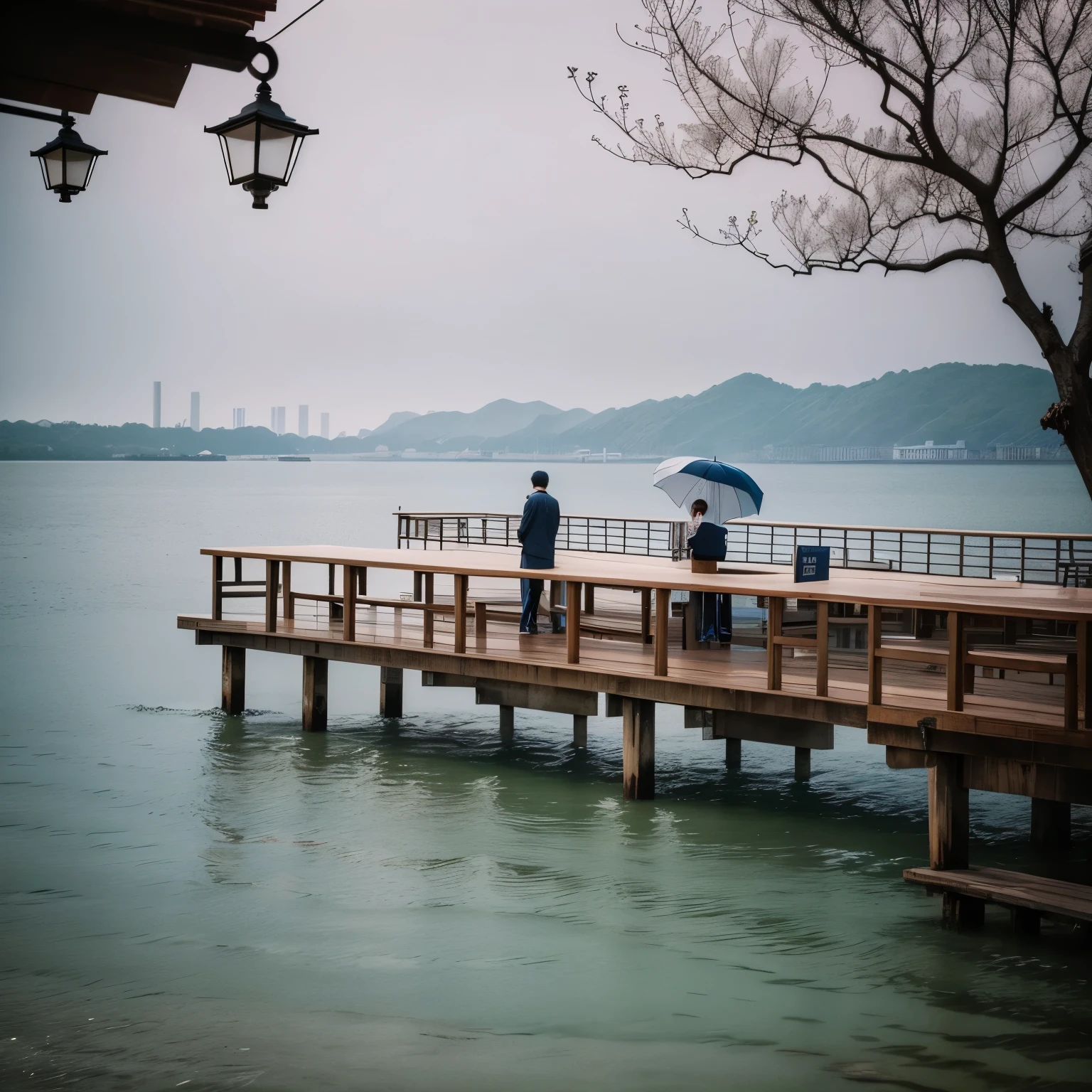 There are many tables and umbrellas on the pier by the water, Hangzhou, Shot with Kodak Vision 200t, Photographed with Kodak Portra, Shot with Kodak ektar, f 1.4 Epilogue, Fuji Pro 400h, fuji 4 0 0 h, Shot on expired Kodak film, Telephoto Kodak Portra 4 0 0