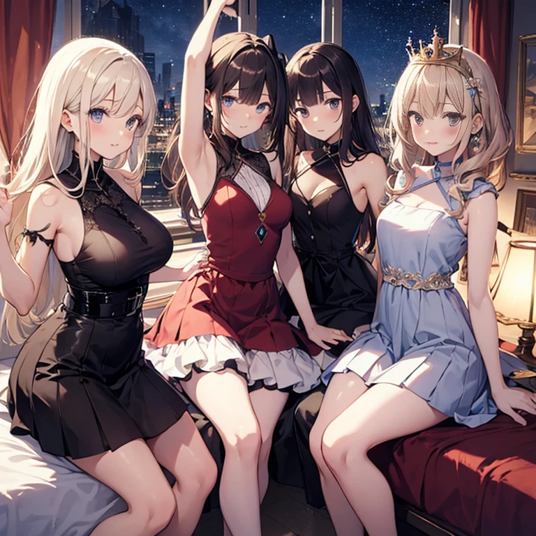 A group of young princesses, (in bedroom), various hair styles, harem, wearing royal dress, night, details face, , short skirt, seducing, sleeveless , showing armpits, night, starry night