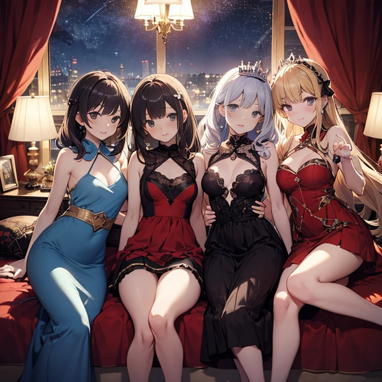 A group of young princesses, (in bedroom), various hair styles, harem, wearing royal dress, night, details face, , short skirt, seducing, sleeveless , showing armpits, night, starry night