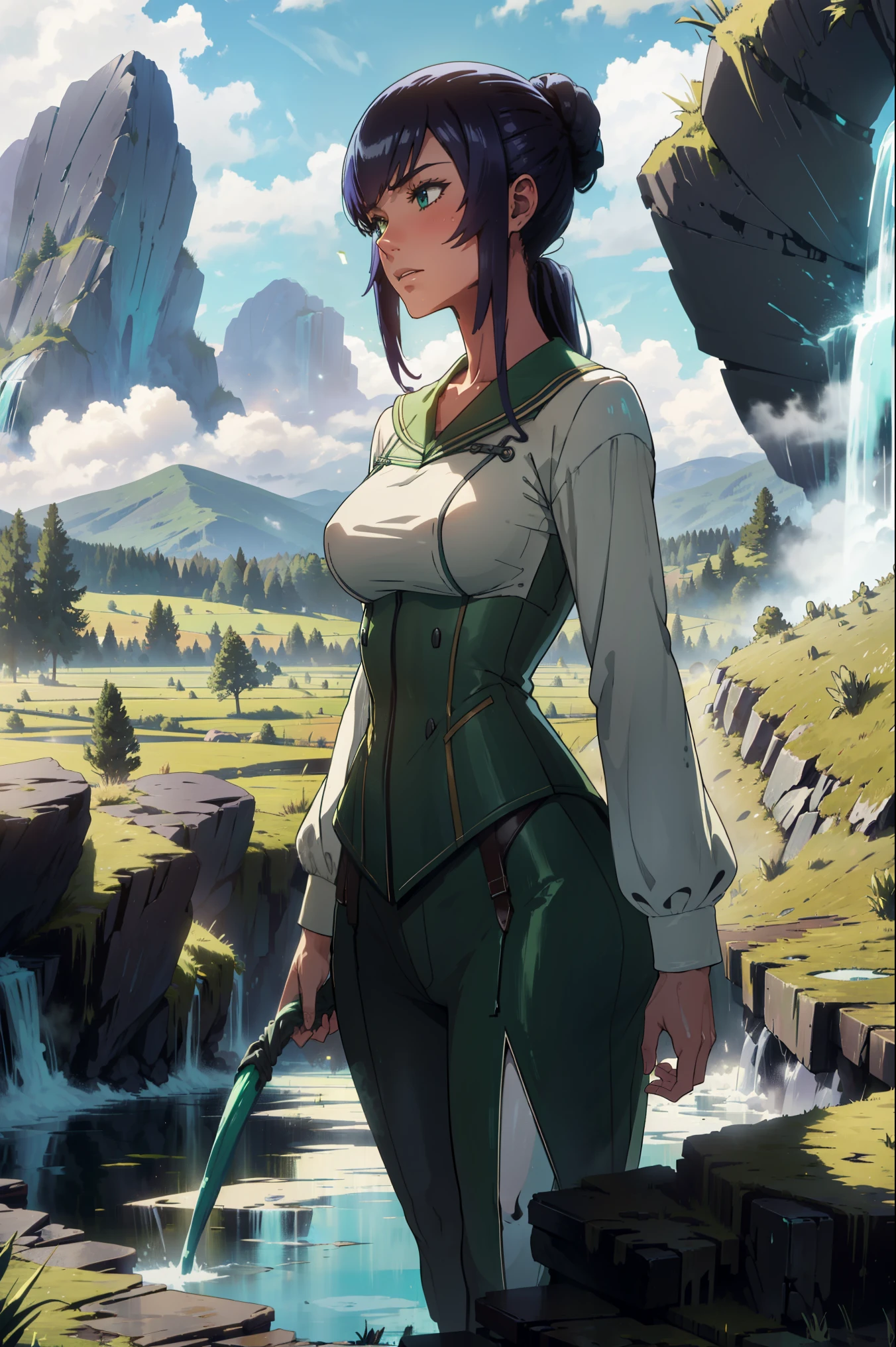 In a green meadow stands a girl leading a group of knights. BREAK With a brave expression, she guides them towards their destination. BREAK Behind her, a green forest stretches out and beyond that, mountains rise in the distance. BREAK The most suitable effect for this scene would be a watercolor painting technique to capture the softness of the meadow and the fluidity of the movement.(La mejor calidad,4k,Altas Resoluciones),(realista:1.37),Shy and blushing,sexy,monos en el suelo,uniforme transparente mojado,Black lingerie,pantalon corto,Medias negras largas,Wet,empapado,abierta de piernas,Agua,(foto ),
(Cuerpo completo,anime),(vivid colors),(Soft lighting)
