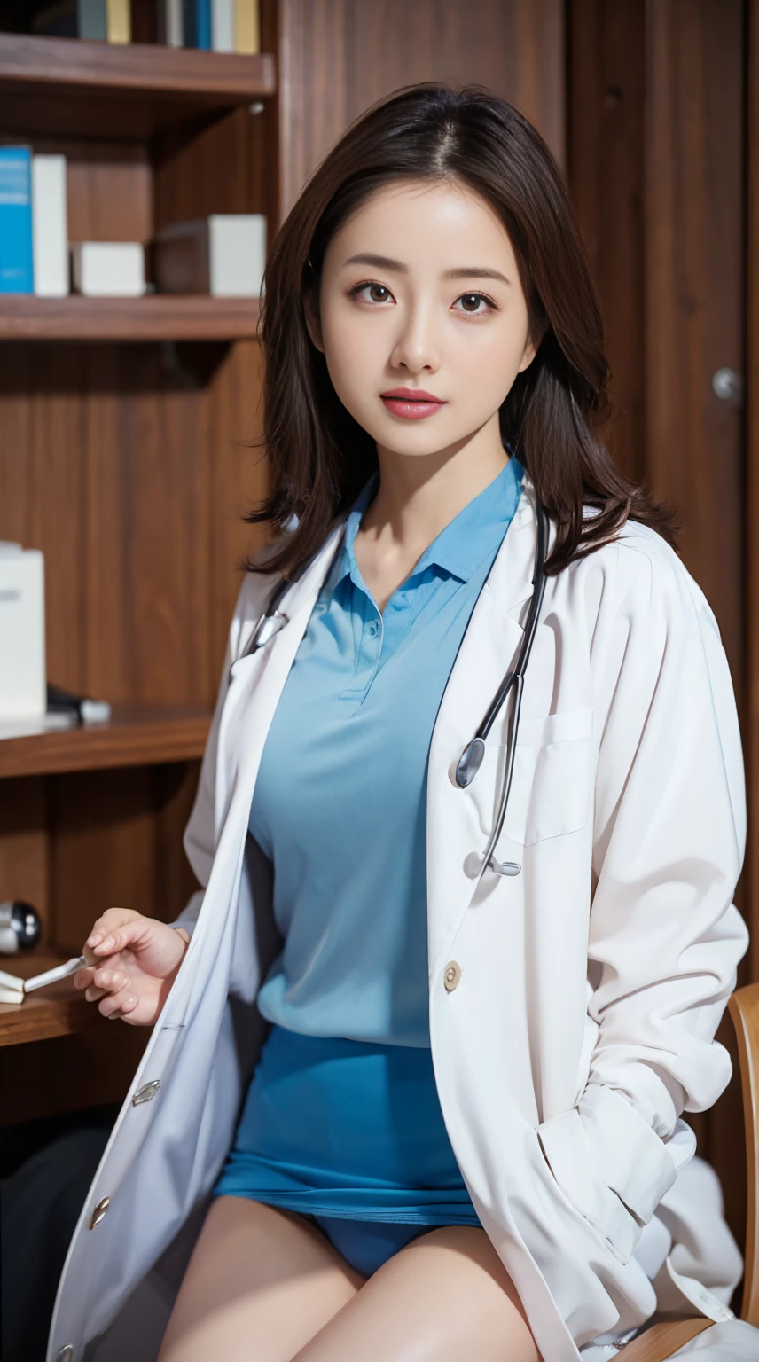 Photorealistic beautiful doctor、amazingly beautiful、doctor&#39;Under her white coat she&#39;s wearing sexy blue underwear, collared shirt、(highest quality、8K、32k、masterpiece、nfsw:1.3)、ultra high resolution,(Photoreal:1.4),Raw photo, detailed face,,beautiful hair, ((doctor style)), , black tight skirt、 natural makeup,, big and full breasts、Inside the hospital, detailed background, perfect lighting, Depth of written boundary, beautiful shadow gradation,Stethoscope ,NSFW、Beautiful female doctor、Fall in love、Her underwear is visible、Sit in the examination chair、