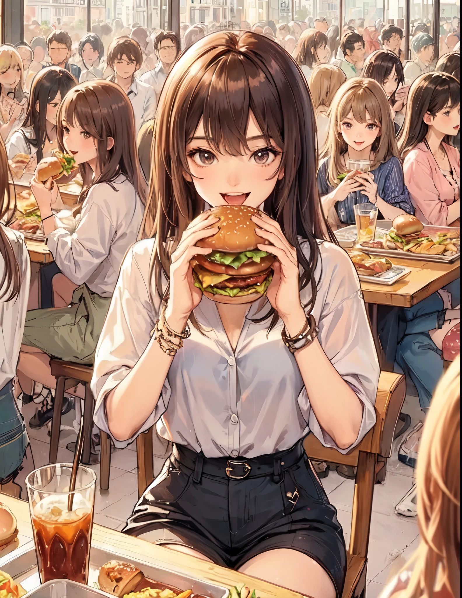 1lady solo, sitting at table, (holding hamburger) in both hands, taking a big bite, stylish outfit, mature female, /(brown hair/) bangs, happy smile, (open mouth) big, (teeth:0.8), (masterpiece best quality:1.2) delicate illustration ultra-detailed, large breasts BREAK (big hamburger) BREAK (casual restaurant) indoors, fast food, crowded, detailed background