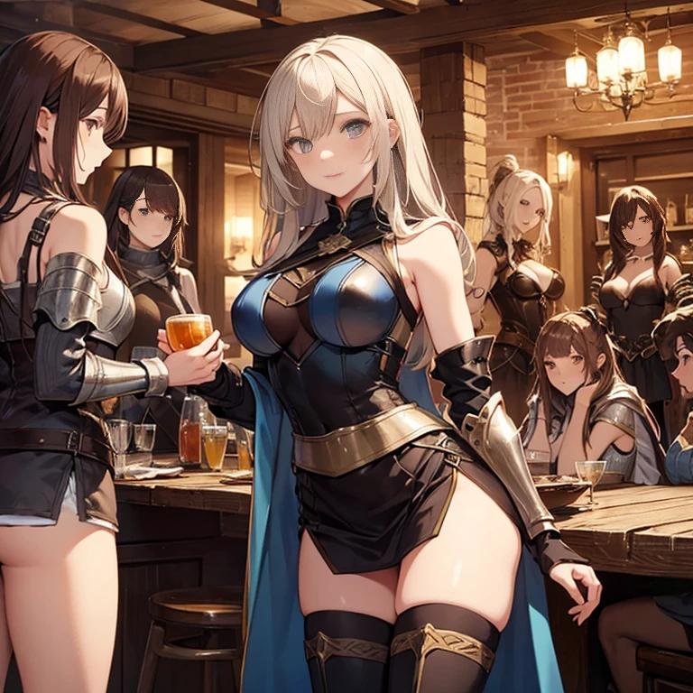 A group of  female medieval fantasy adventurers, (in tavern), various hair styles, harem, night, details face, short skirt, seducing, sleeveless, armor 