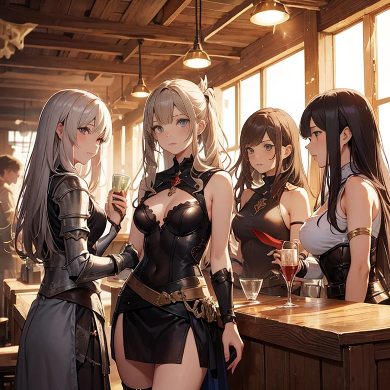 A group of  female medieval fantasy adventurers, (in tavern), various hair styles, harem, night, details face, short skirt, seducing, sleeveless, armor 