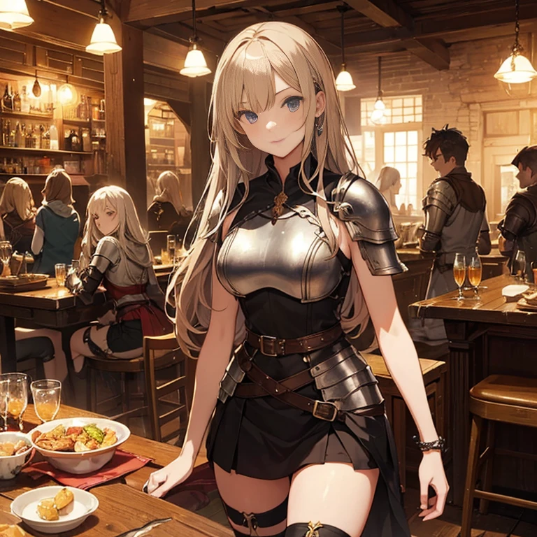 A group of female medieval fantasy adventurers, (in tavern), various hair styles, harem, night, details face, short skirt, seducing, sleeveless, armor