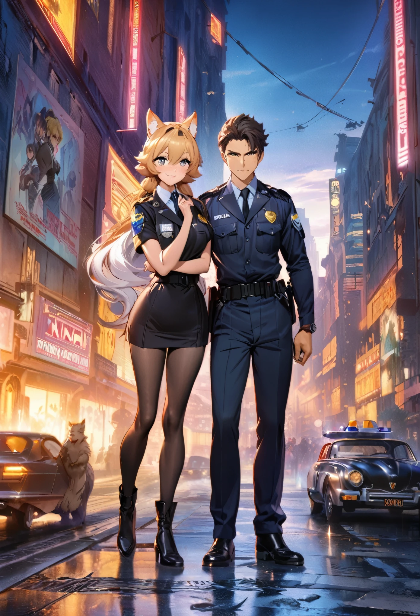 movie poster, movie artwork, concept art of action movie, romance novel cover, highres, top quality, best quality, perfect artwork, absurdres, perfect anatomy(couple, young 1male police, 1woman maid)(furry, kemono, anthro)with some elements of 007,