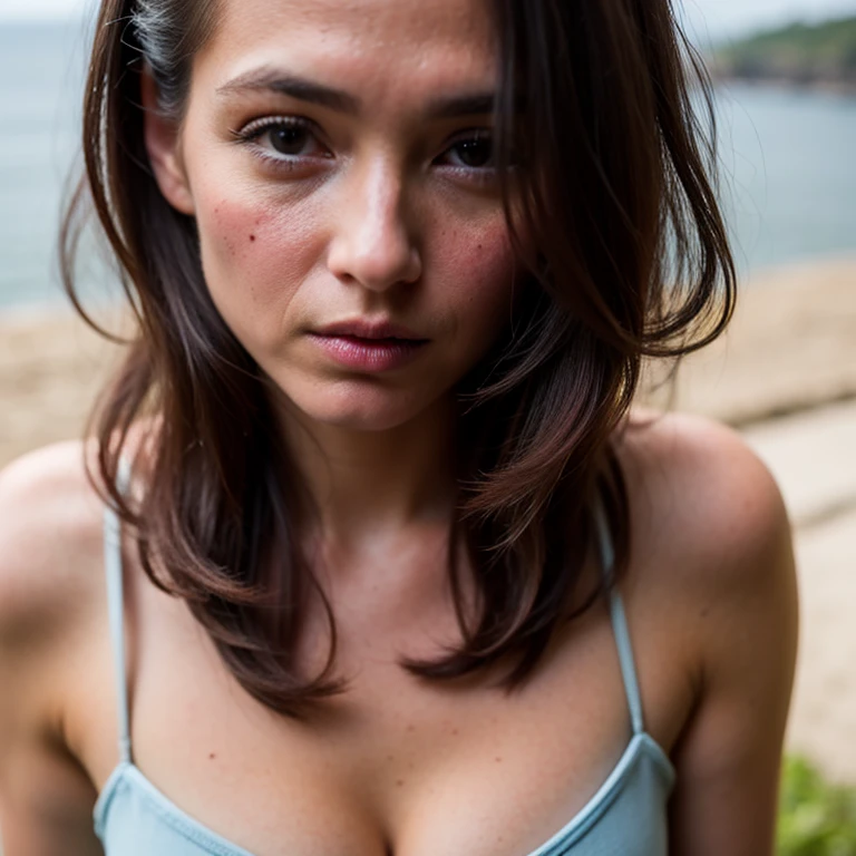 (sharp focus:1.2), photo, attractive young woman, (beautiful face:1.1), detailed eyes, luscious lips, (smokey eye makeup:0.85), (tiny breasts:1.3), (fragile body:1.2), (wavy blue hair:1.2), wearing (revealing dress:1.2) on a (cliffside:1.2). (moody lighting:1.2), depth of field, bokeh, 4K, HDR. by (James C. Christensen:1.2|Jeremy Lipking:1.1).