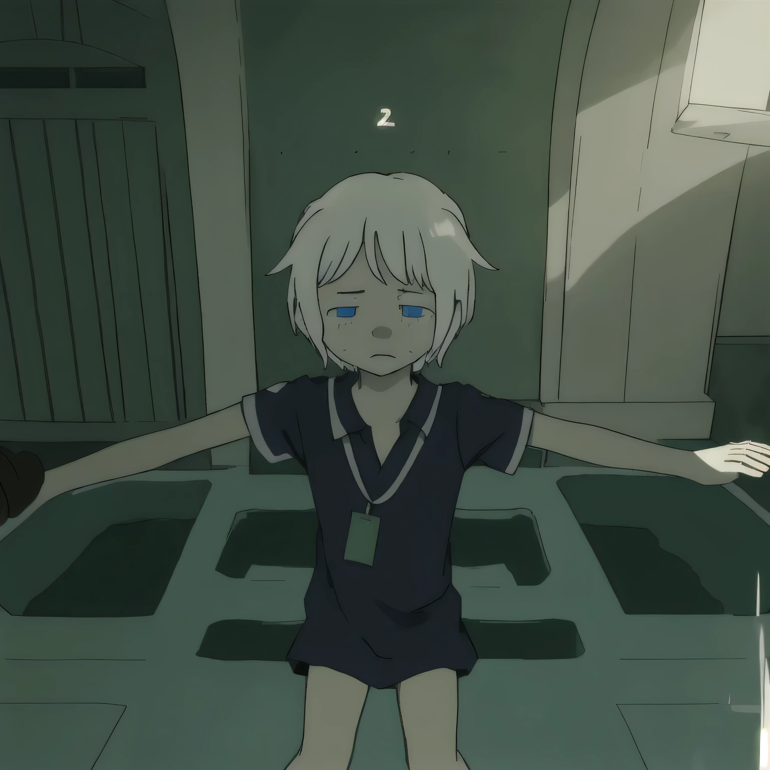 cartoon drawing:A boy lies in a green swimming pool with his arms outstretched, Character in natural pose, animation stills screencap, upper body avatar, Cell Coloring Adult Animation, cell shadow:15, Animation movie stills, This character has the ability to freeze, animation stills,, animation stills, Stylized cartoon rendering, white hair, short hair, wet hair, horns, demon horns, half-closed eyes, crying with eyes open, streaming tears, nosebleed, sad, closed mouth, bored, gloom (expression), , despair, disappointed, tired, thinking, interior architecture, anime, chiaroscuro, cinematic lighting, drop shadow, multiple monochrome, projected inset, first-person view, pov,blue eyes