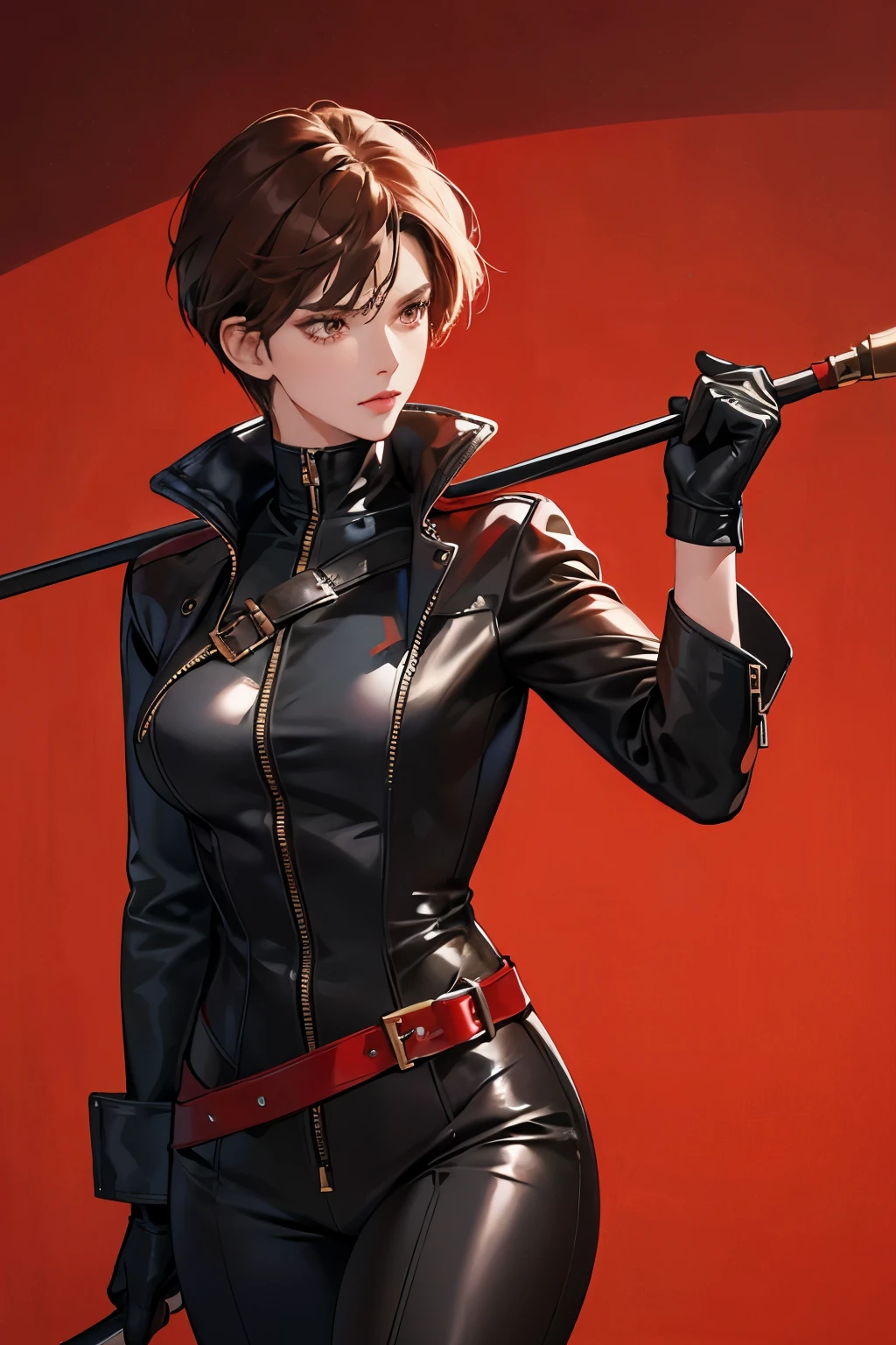 A mature woman with short cut brown hair wearing a black enamel jacket over a black enamel catsuit and holding a whip in her hand.　red enamel knee high boots　Red enamel gloves　red sunglasses　