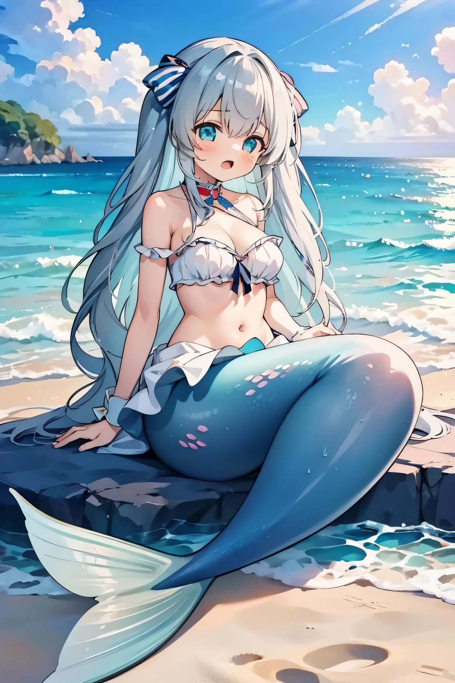 masterpiece, best quality,a girl,****ta,big breasts,Mermaid,blue mermaid tail,full-body shot,beach,sea view,sit on the beach,Open your mouth and sing,charming face(kawaii, charming,soft)