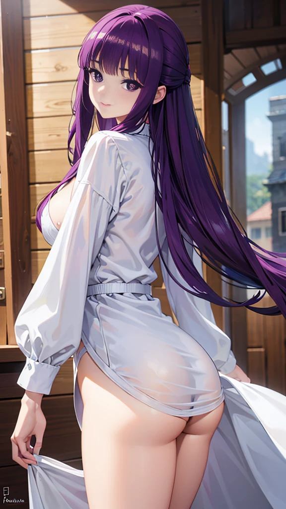 Super detailed, NSFW, masterpiece, High resolution, Photorealistic digital art, perfect lighting, (((1 girl, perfect anatomy))), accurate right hand, accurate left hand, five fingers, perfect style, Detailed face, Fern, purple eyes, glossy lips, purple hair, shiny skin, smile, Pure white long sleeve blouse, pure white long skirt, Ample breasts, leaning forward, Show off your butt, View from behind, Fantasy art,