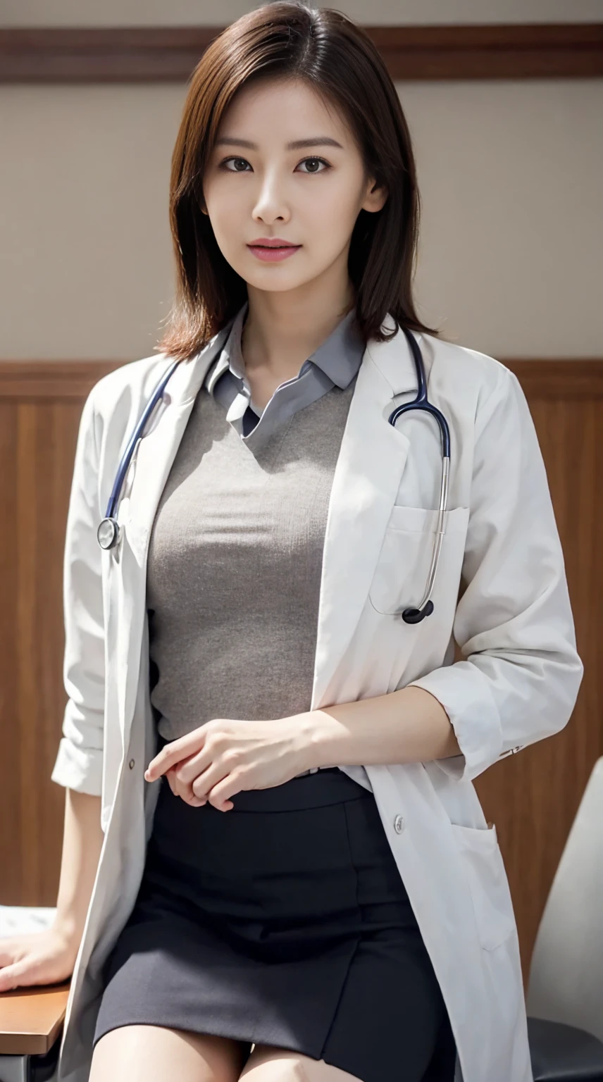 Photorealistic beautiful doctor、amazingly beautiful、doctor&#39;Under her white coat is sexy red underwear, collared shirt、(highest quality、8K、32k、masterpiece、nfsw:1.3)、ultra high resolution,(Photoreal:1.4),Raw photo, detailed face,,beautiful hair, ((doctor style)), , black tight skirt、 natural makeup,, big and full breasts、Inside the hospital, detailed background, perfect lighting, Depth of written boundary, beautiful shadow gradation,Stethoscope ,NSFW、Beautiful female doctor、Fall in love、Her underwear is visible、Sit in the examination chair、