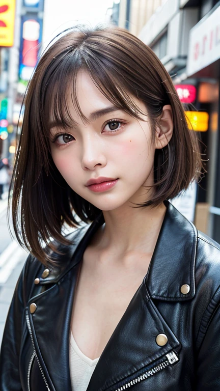(((Shoulder length straight brown hair mini bob)))、(((目が細くlight eye makeup)))、(((standing alone on the rider'Black leather jacket with the backdrop of a nighttime Kabukicho alley.)))、(((Please come wearing clothes that cover your arms..)))、Half Japanese and Korean、18 year old girl、independent、facing forward、light eye makeup、brown hair color、flat 、hair blowing in the wind、quality of actress、shiny, super realistic face、smileの表情、Moist eyes、look up、Calming lighting effects、 ultra-realistic capture、very detailed、High resolution 16K close-up of human skin。Skin texture must be natural、Must be so detailed that pores are visible、skin is healthy、Must be even tone、Use natural light and color、High quality photos taken by a modeling agency'Exclusive photographer、smile、(((SIGMA 300 mm F/1.4,1/1000 sec shutter,ISO 400)))