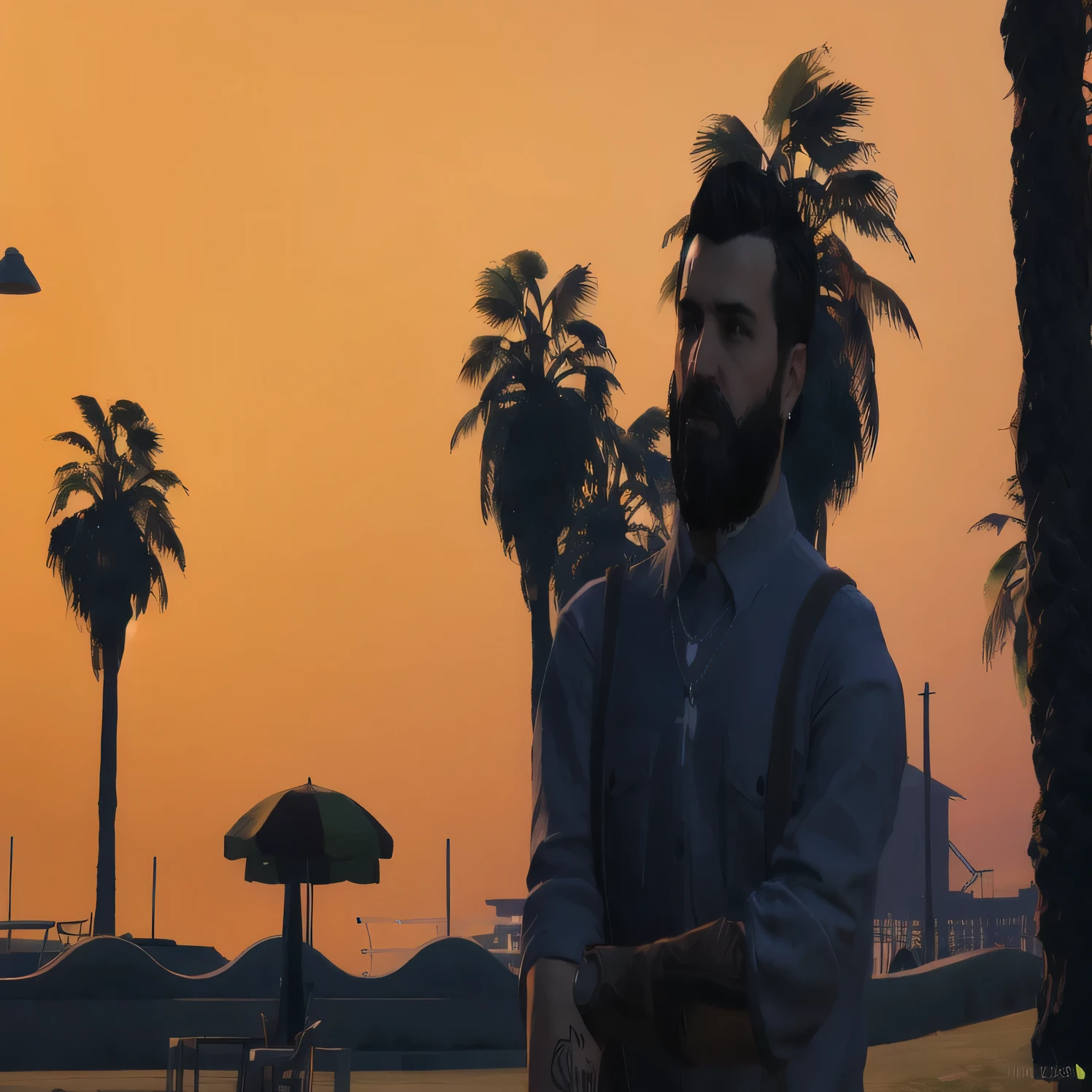 arafed man with a beard and a mustache standing in front of palm trees, as a character from gtav