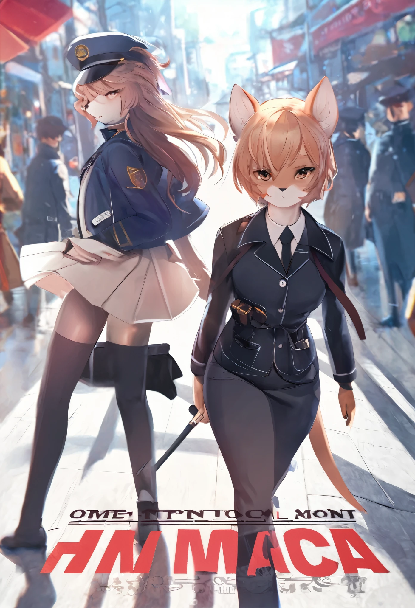 movie poster, movie artwork, concept art of action movie, romance novel cover, highres, top quality, best quality, perfect artwork, absurdres, perfect anatomy(couple, young 1male police, 1woman maid)(furry, kemono, anthro)with some elements of 007,