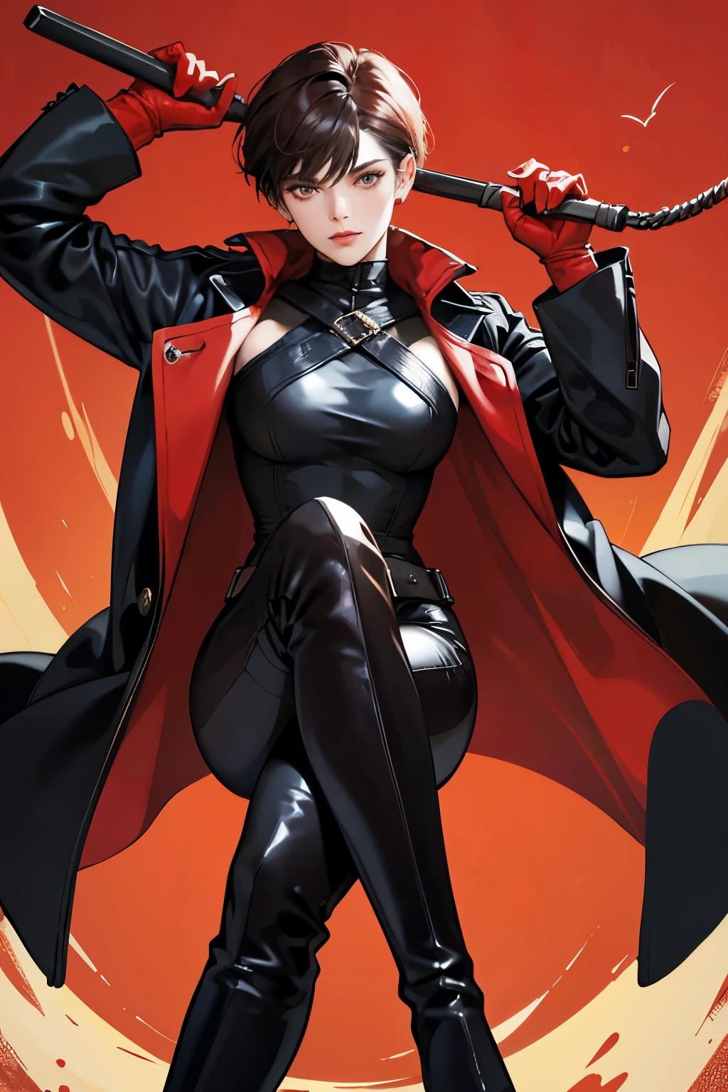 A mature woman with short cut brown hair wearing a black enamel jacket over a black enamel catsuit and holding a whip in her hand.　red enamel knee high boots　Red enamel gloves　red sunglasses　