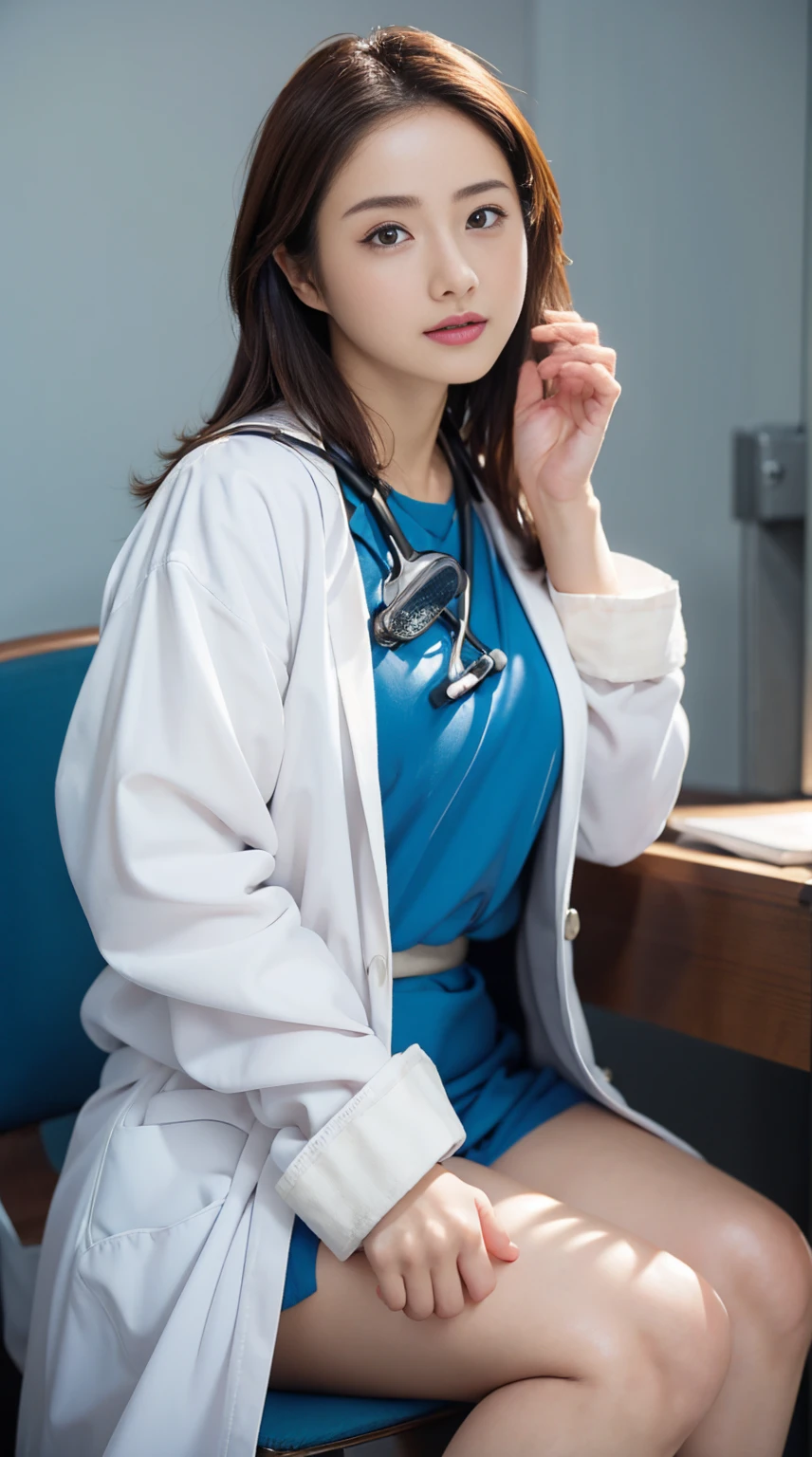 Photorealistic beautiful doctor、amazingly beautiful、doctor'Under her white coat she's wearing sexy blue underwear, collared shirt、(highest quality、8K、32k、masterpiece、nfsw:1.3)、ultra high resolution,(Photoreal:1.4),Raw photo, detailed face,,beautiful hair, ((doctor style)), , black tight skirt、 natural makeup,, big and full breasts、Inside the hospital, detailed background, perfect lighting, Depth of written boundary, beautiful shadow gradation,Stethoscope ,NSFW、Beautiful female doctor、Fall in love、Her underwear is visible、Sit in the examination chair、