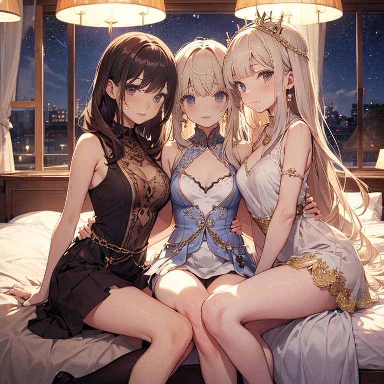 A group of young princesses, (in bedroom), various hair styles, harem, wearing royal dress, night, details face, , short skirt, seducing, sleeveless , showing armpits, night, starry night