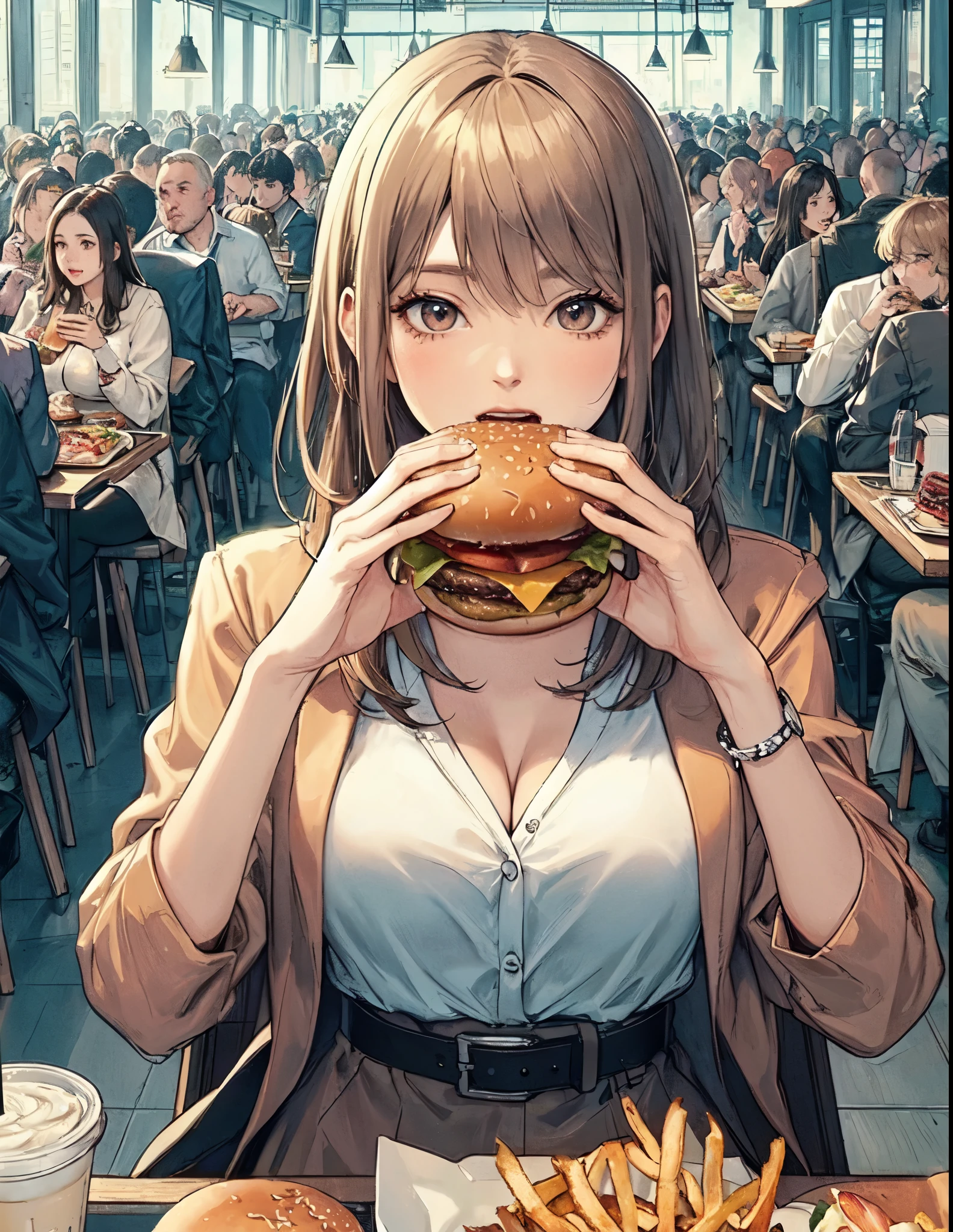 1lady solo, sitting at table, (holding hamburger) in both hands, taking a big bite, stylish outfit, mature female, /(beige hair/) bangs, (open mouth) big, (teeth:0.8), (masterpiece best quality:1.2) delicate illustration ultra-detailed, large breasts BREAK (big hamburger) BREAK (casual restaurant) indoors, fast food, crowded, detailed background