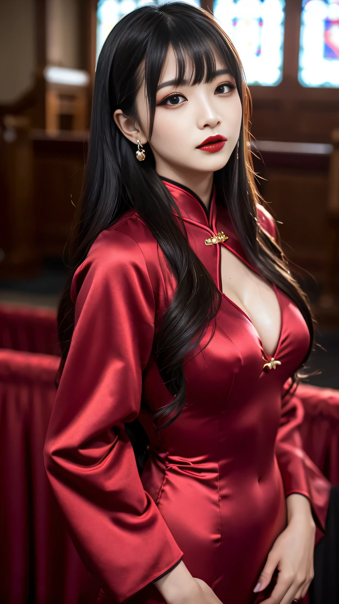 detailed、Japanese、charming beauty、seductive adult woman、Beautiful woman、sharp eyes、cool girl、wavy hair、shrine maiden costume、wide sleeve、black skirt、evilの幹部、evil depravity、brainwashing、Mind control、apply lipstick、grin、evilな表情、evil、empty eyes、evil、Temple of the Night、Succubus、vampire、Hypnosia makeup brush、