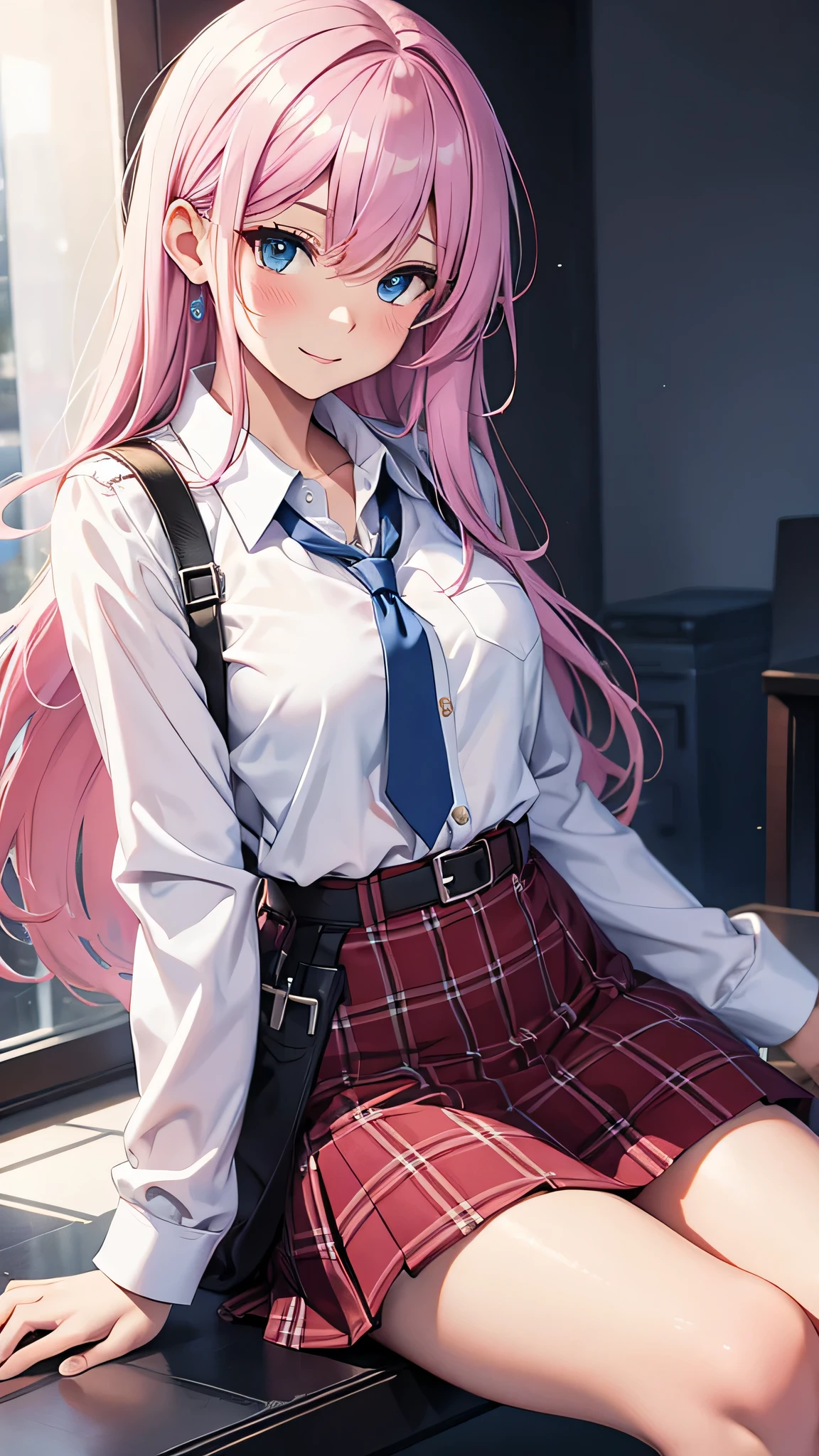 1 girl, Hoshino (blue archive), alone, heterochromia, pink hair, skirt, long hair, tie, Ahoge, shirt, Hello, plaid skirt, blue eyes, plaid, looking at the viewer, white shirt, sitting, orange eyes, , , long sleeve, ID card, open your mouth, very long hair, collared shirt, smile, blue tie, bangs, legs stick out from frame, between the legs, hand between the legs, blush, hair between eyes, High resolution,masterpiece, highest quality