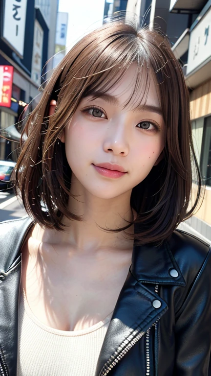(((Shoulder length straight brown hair mini bob)))、(((目が細くlight eye makeup)))、(((standing alone on the rider'Black leather jacket with the backdrop of a nighttime Kabukicho alley.)))、(((Please come wearing clothes that cover your arms..)))、Half Japanese and Korean、18 year old girl、independent、facing forward、light eye makeup、brown hair color、flat 、hair blowing in the wind、quality of actress、shiny, super realistic face、smileの表情、Moist eyes、look up、Calming lighting effects、 ultra-realistic capture、very detailed、High resolution 16K close-up of human skin。Skin texture must be natural、Must be so detailed that pores are visible、skin is healthy、Must be even tone、Use natural light and color、High quality photos taken by a modeling agency'Exclusive photographer、smile、(((SIGMA 300 mm F/1.4,1/1000 sec shutter,ISO 400)))