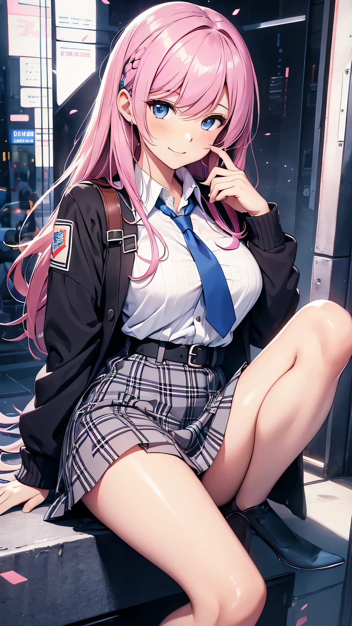 1 girl, Hoshino (blue archive), alone, heterochromia, pink hair, skirt, long hair, tie, Ahoge, shirt, Hello, plaid skirt, blue eyes, plaid,  looking at the viewer, white shirt, sitting, orange eyes, chest Harness, Harness, long sleeve, ID card, open your mouth, very long hair, collared shirt, smile, blue tie, bangs, legs stick out from frame, between the legs, hand between the legs, blush, hair between eyes, High resolution,masterpiece, highest quality