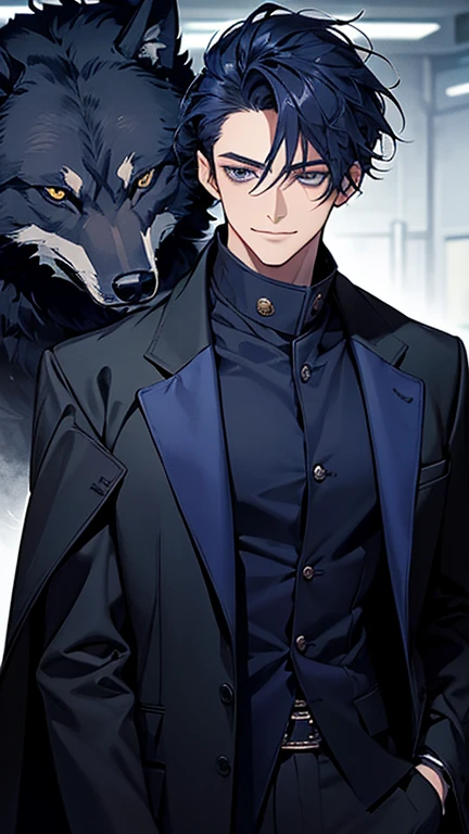 masterpiece, highest quality, confused, male,dark blue hair, low ponytail,Black and navy blue pilot suit,expensive,,Carrying Wolves,He has a dark blue coat draped over his shoulders.,There&#39;there&#39;s no one behind me,dark blue eyes,Smile a little,Being with the wolves
