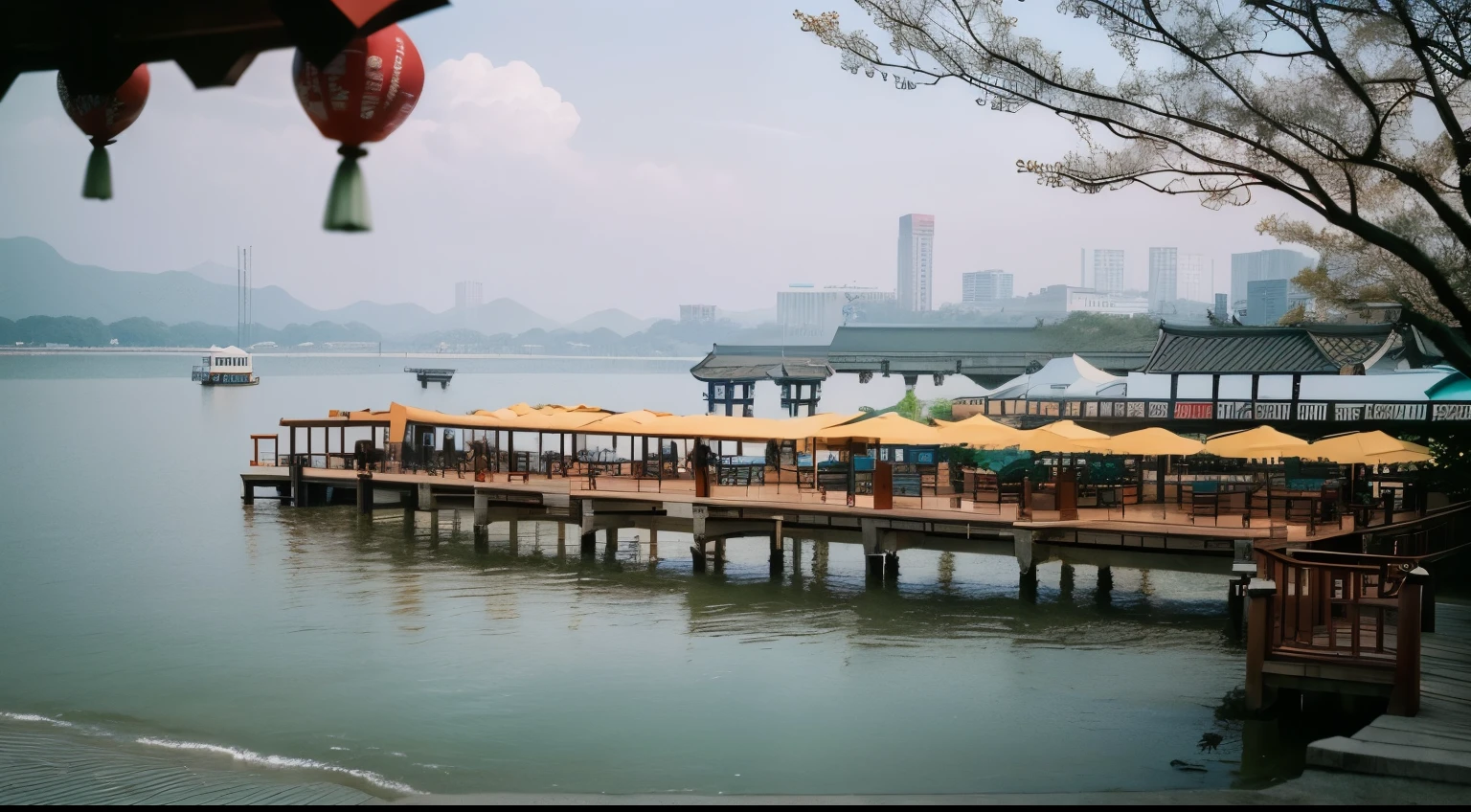 There are many tables and umbrellas on the pier by the water, Hangzhou, Shot with Kodak Vision 200t, Photographed with Kodak Portra, Shot with Kodak ektar, f 1.4 Epilogue, Fuji Pro 400h, fuji 4 0 0 h, Shot on expired Kodak film, Telephoto Kodak Portra 4 0 0