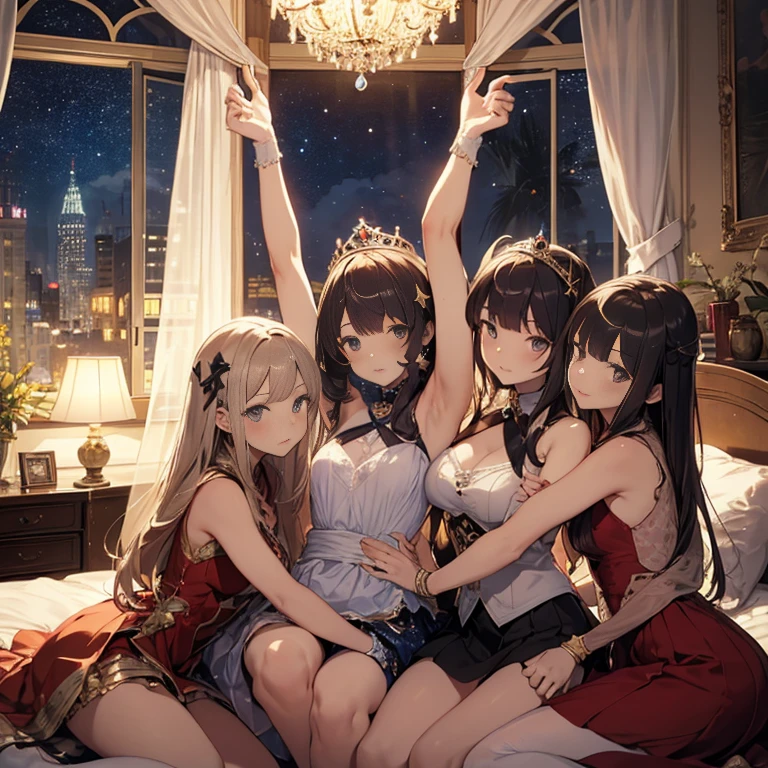 A group of young princesses, (in bedroom), various hair styles, harem, wearing royal dress, night, details face, , short skirt, seducing, sleeveless , showing armpits, night, starry night