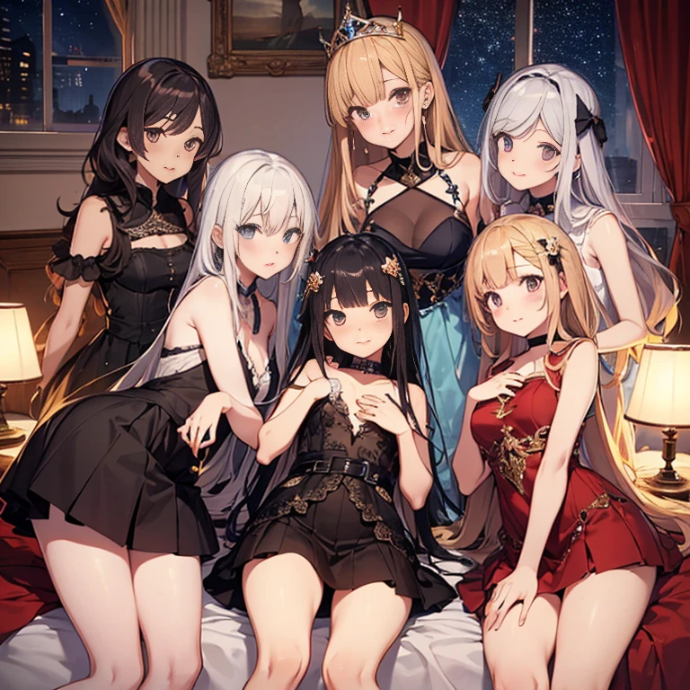 A group of young princesses, (in bedroom), various hair styles, harem, wearing royal dress, night, details face, , short skirt, seducing, sleeveless , showing armpits, night, starry night