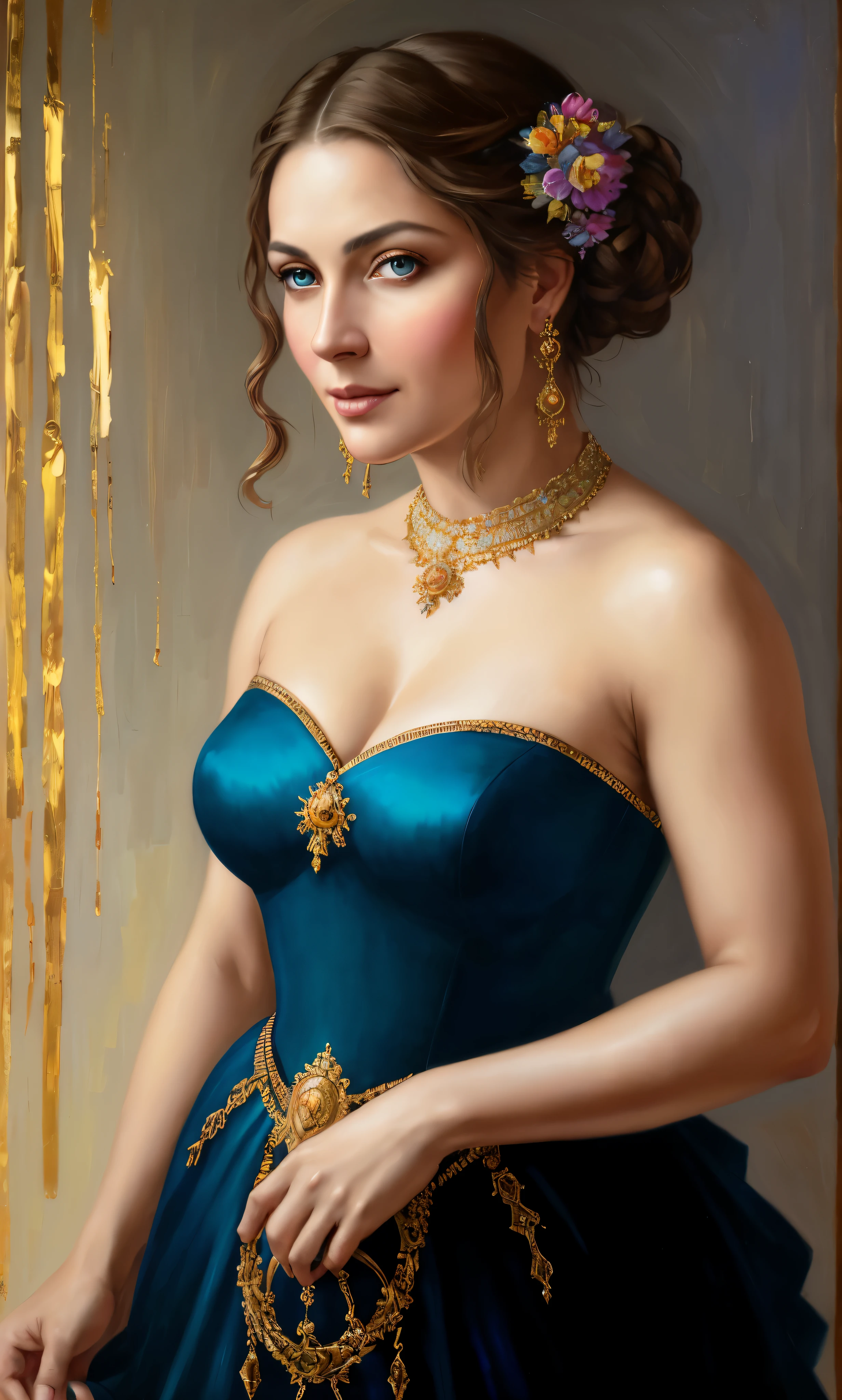 portrait, extremely gorgeous, 45 years old Woman, middle ages, thick figure, classicism, andrey atroshenko style, painting, pierced eyes, beautifully styled hair, traditional media, realistic, figurative, fine art, oil on canvas, HDR, 8K, original character, high resolution, vivid colours, high detail, focus on the face, beautiful eyes
