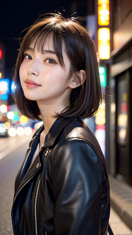 (((Shoulder length straight brown hair mini bob)))、(((目が細くlight eye makeup)))、(((standing alone on the rider&#39;Black leather jacket with the backdrop of a nighttime Kabukicho alley.)))、(((Please come wearing clothes that cover your arms..)))、Half Japanese and Korean、18 year old girl、independent、facing forward、light eye makeup、brown hair color、flat 、hair blowing in the wind、quality of actress、shiny, super realistic face、smileの表情、Moist eyes、look up、Calming lighting effects、 ultra-realistic capture、very detailed、High resolution 16K close-up of human skin。Skin texture must be natural、Must be so detailed that pores are visible、skin is healthy、Must be even tone、Use natural light and color、High quality photos taken by a modeling agency&#39;Exclusive photographer、smile、(((SIGMA 300 mm F/1.4,1/1000 sec shutter,ISO 400)))