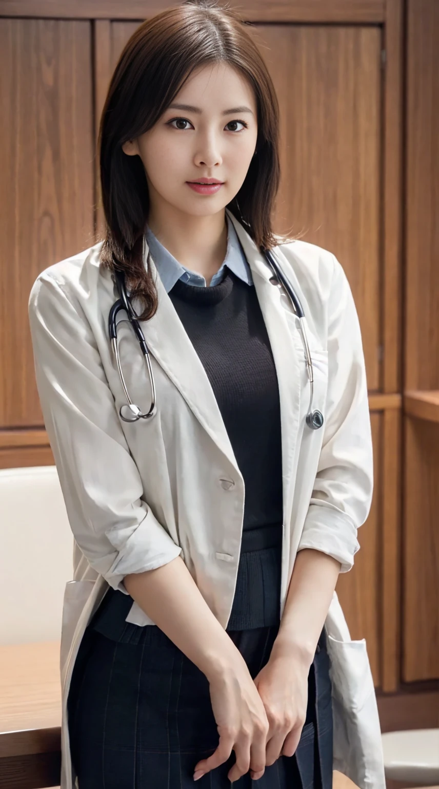 Photorealistic beautiful doctor、amazingly beautiful、doctor'Under her white coat is sexy red underwear, collared shirt、(highest quality、8K、32k、masterpiece、nfsw:1.3)、ultra high resolution,(Photoreal:1.4),Raw photo, detailed face,,beautiful hair, ((doctor style)), , black tight skirt、 natural makeup,, big and full breasts、Inside the hospital, detailed background, perfect lighting, Depth of written boundary, beautiful shadow gradation,Stethoscope ,NSFW、Beautiful female doctor、Fall in love、Her underwear is visible、Sit in the examination chair、