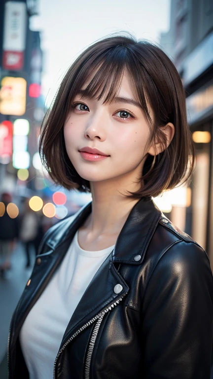 (((Shoulder length straight brown hair mini bob)))、(((目が細くlight eye makeup)))、(((standing alone on the rider'Black leather jacket with the backdrop of a nighttime Kabukicho alley.)))、(((Please come wearing clothes that cover your arms..)))、Half Japanese and Korean、18 year old girl、independent、facing forward、light eye makeup、brown hair color、flat 、hair blowing in the wind、quality of actress、shiny, super realistic face、smileの表情、Moist eyes、look up、Calming lighting effects、 ultra-realistic capture、very detailed、High resolution 16K close-up of human skin。Skin texture must be natural、Must be so detailed that pores are visible、skin is healthy、Must be even tone、Use natural light and color、High quality photos taken by a modeling agency'Exclusive photographer、smile、(((SIGMA 300 mm F/1.4,1/1000 sec shutter,ISO 400)))