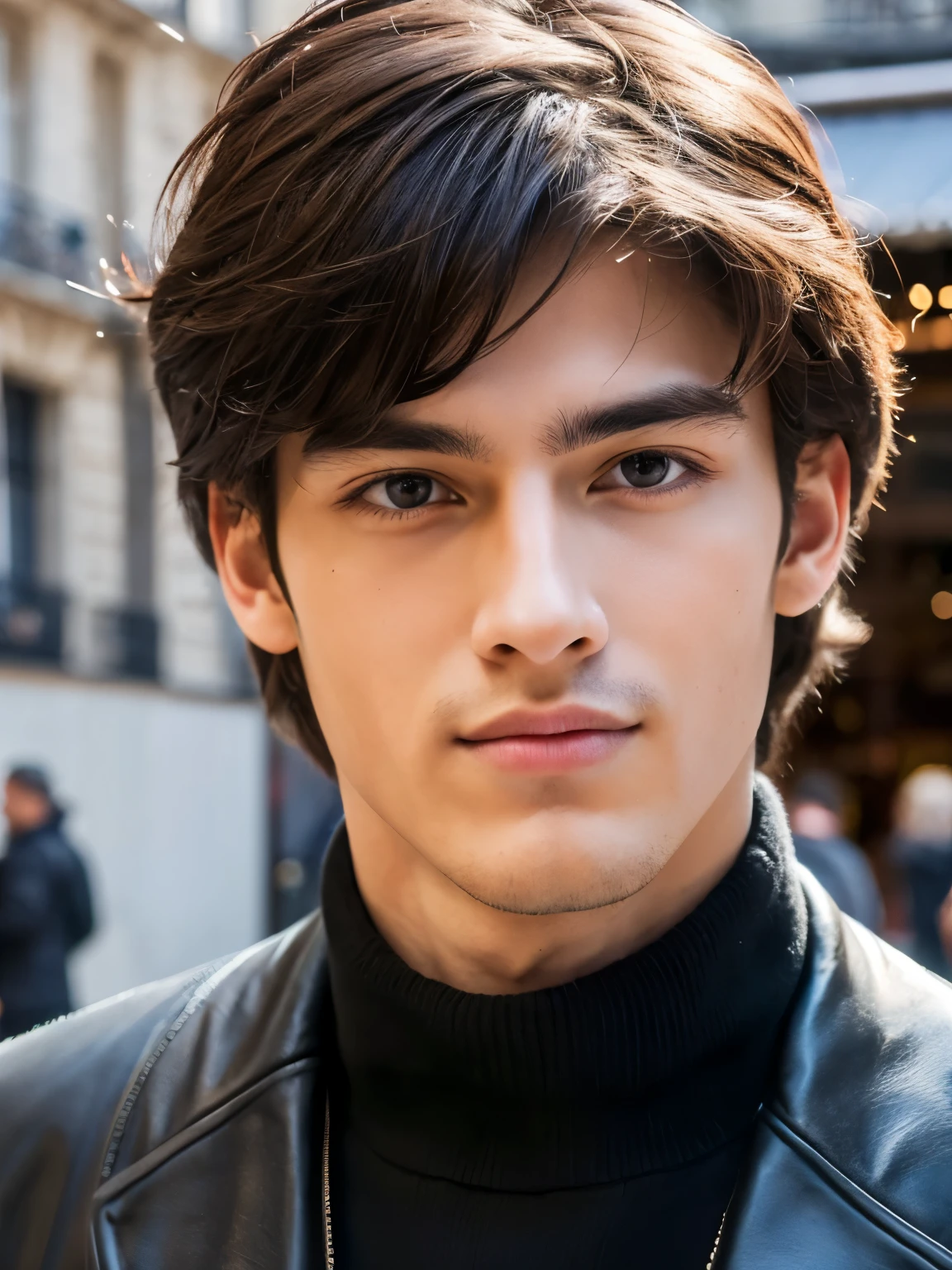 Photoreal, 8k Full Length Portrait, Handsome, 20 year old male, attractive look, Detailed details of the face, Paris city center