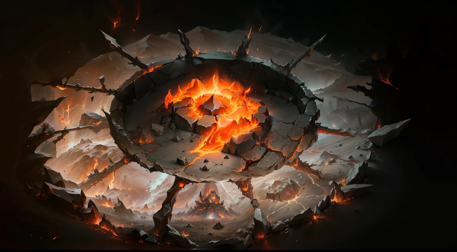ground,The formation of stones,There's fire and lava burning inside, Portal to the Lost Flame Realm, flame stones are scattered, hellfire background, fire element, Research the Hell Rift Portal, Dota 2 concept art, artifact dota2, fire power flames spinning, fire dragon,Holy Fire Spell Art, Dark concept art