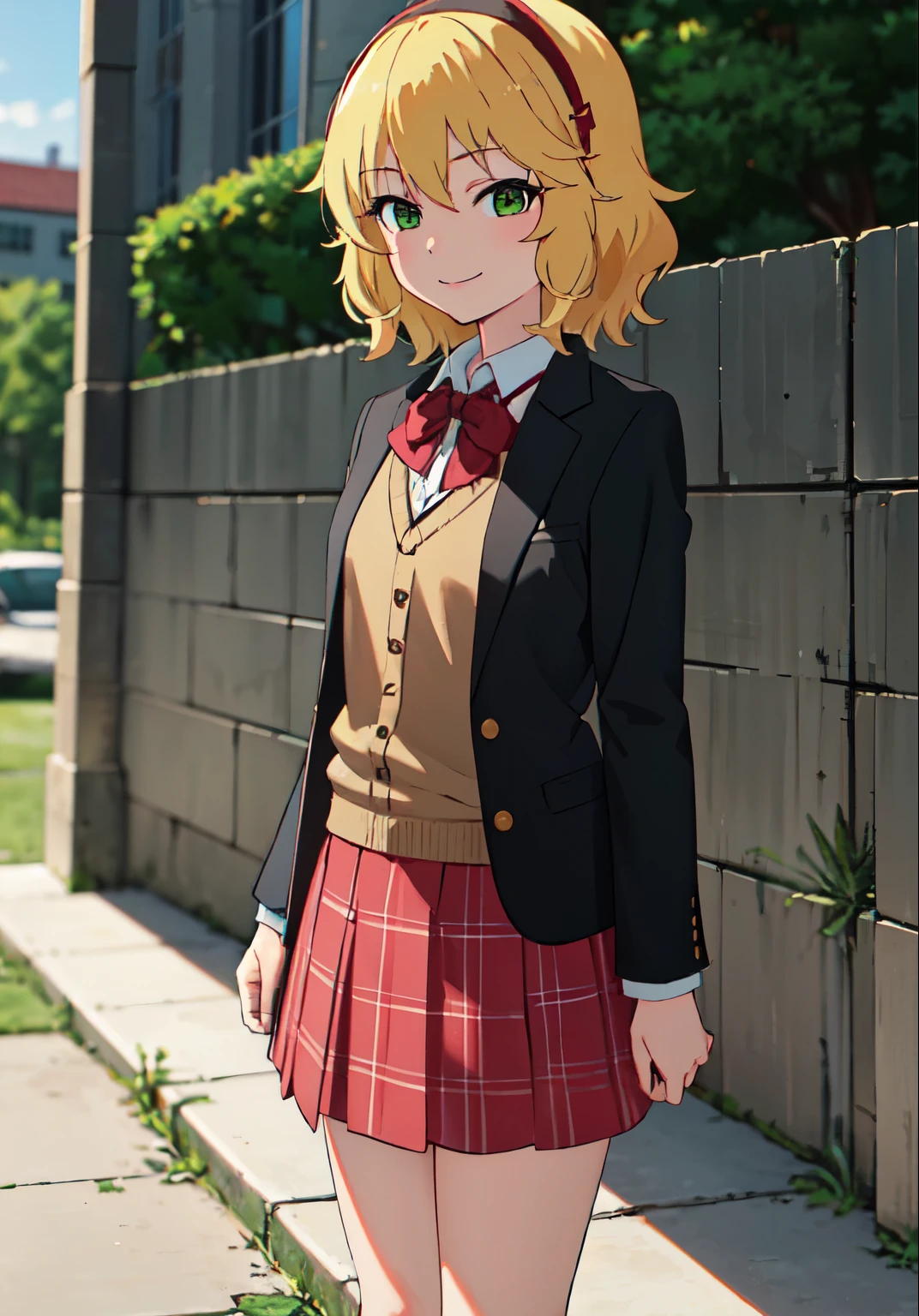 (masterpiece, best quality:1.0), highly detailed,  detail,  1girl , highschool student,momoka sakurai, yellow hair, green eyes, UNiform, red bowtie, collared shirt, sweater vest, blazer, black blazer, opened jacket, long sleeves, plaid skirt, brown skirt, outdoor,  smile,  standing, cowboy shot, 