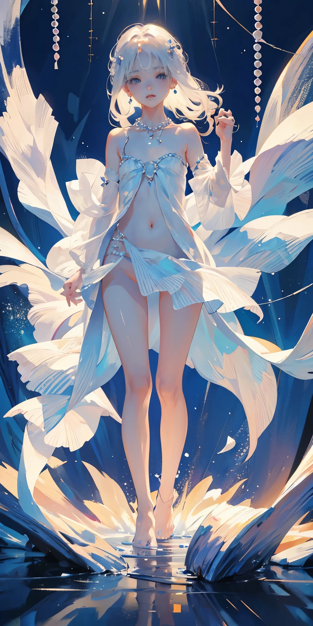 a girl、a baby face、Very cute、slim and beautiful、((small :1.2))、The eyes are well drawn、charming eyes、double tail、Wear jewelry and pearls around your neck，Transparent openwork、Deep V、Crystal Pearls、在Wear jewelry and pearls around your neck，white hair, Showing thighs, ???? shoulders, showing clavicle, Yao Liu, barefoot，((whole body))、painful posture