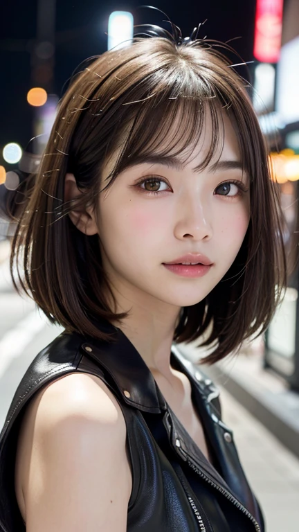 (((Shoulder length straight brown hair mini bob)))、(((目が細くlight eye makeup)))、(((standing alone on the rider'Black leather jacket with the backdrop of a nighttime Kabukicho alley.)))、(((Please come wearing clothes that cover your arms..)))、Half Japanese and Korean、18 year old girl、independent、facing forward、light eye makeup、brown hair color、flat 、hair blowing in the wind、quality of actress、shiny, super realistic face、smileの表情、Moist eyes、look up、Calming lighting effects、 ultra-realistic capture、very detailed、High resolution 16K close-up of human skin。Skin texture must be natural、Must be so detailed that pores are visible、skin is healthy、Must be even tone、Use natural light and color、High quality photos taken by a modeling agency'Exclusive photographer、smile、(((SIGMA 300 mm F/2.8,1/1000 sec shutter,ISO 400)))