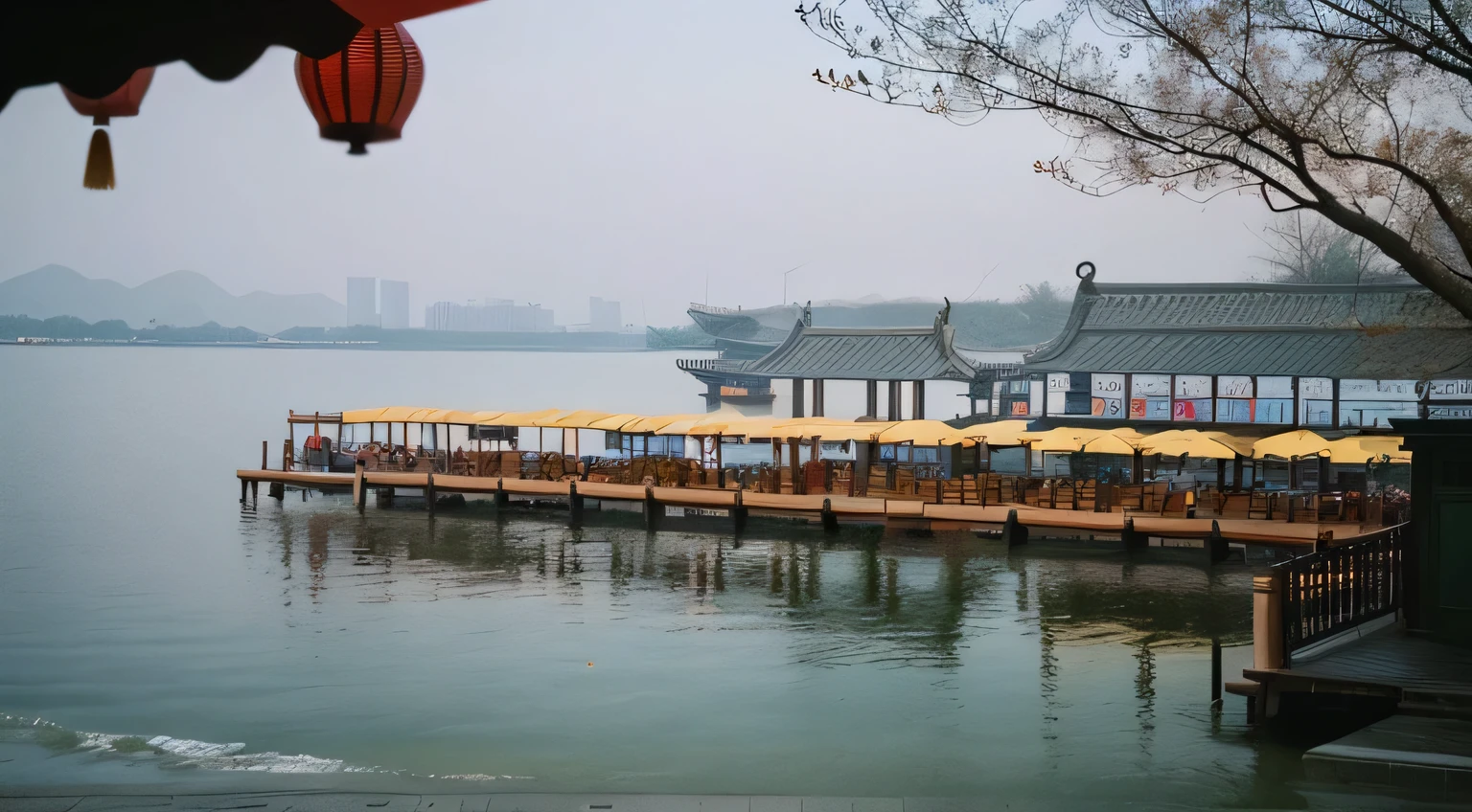 There are many tables and umbrellas on the pier by the water, Hangzhou, Shot with Kodak Vision 200t, Photographed with Kodak Portra, Shot with Kodak ektar, f 1.4 Epilogue, Fuji Pro 400h, fuji 4 0 0 h, Shot on expired Kodak film, Telephoto Kodak Portra 4 0 0