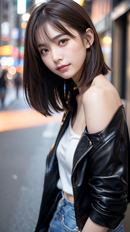 (((Shoulder length straight brown hair mini bob)))、(((目が細くlight eye makeup)))、(((standing alone on the rider&#39;Black leather jacket with the backdrop of a nighttime Kabukicho alley.)))、(((Please come wearing clothes that cover your arms..)))、Half Japanese and Korean、18 year old girl、independent、facing forward、light eye makeup、brown hair color、flat 、hair blowing in the wind、quality of actress、shiny, super realistic face、smileの表情、Moist eyes、look up、Calming lighting effects、 ultra-realistic capture、very detailed、High resolution 16K close-up of human skin。Skin texture must be natural、Must be so detailed that pores are visible、skin is healthy、Must be even tone、Use natural light and color、High quality photos taken by a modeling agency&#39;Exclusive photographer、smile、(((SIGMA 300 mm F/1.4,1/1000 sec shutter,ISO 400)))
