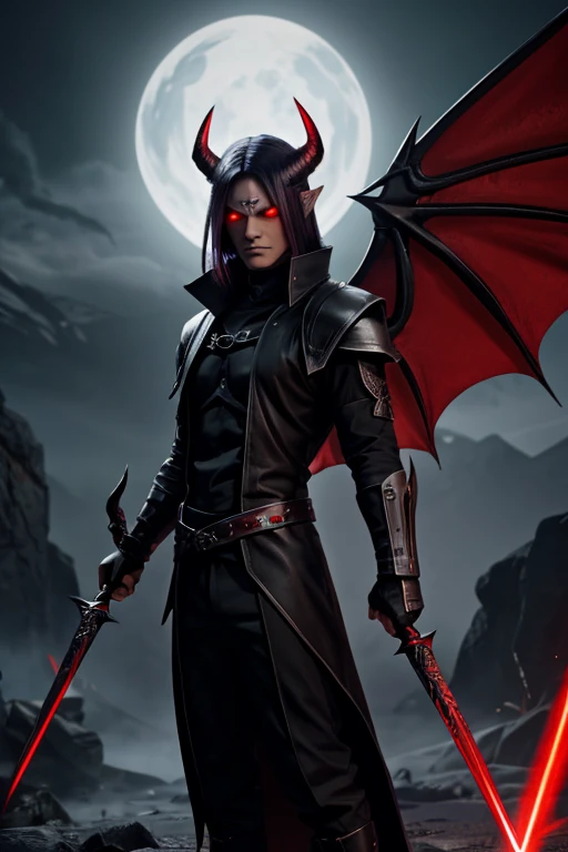 evil temperament, 18-year-old male shadow assassin, glowing black aura, red and silver hair, left snak glowing eye, right sharingan eye, devil horns,horns color is white, black dengerus hell queen suit,the night war rages behind him, Highest image quality 8K,details everything 8K, god killer personality, with Excalibur lighting sword, background place in hell, with dragon wings,
