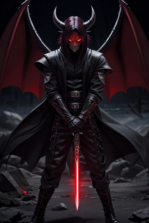 evil temperament, 18-year-old male shadow assassin, glowing black aura, red and silver hair, left snak glowing eye, right sharingan eye, devil horns,horns color is white, black dengerus hell queen suit,the night war rages behind him, Highest image quality 8K,details everything 8K, god killer personality, with Excalibur lighting sword, background place in hell, with dragon wings,
